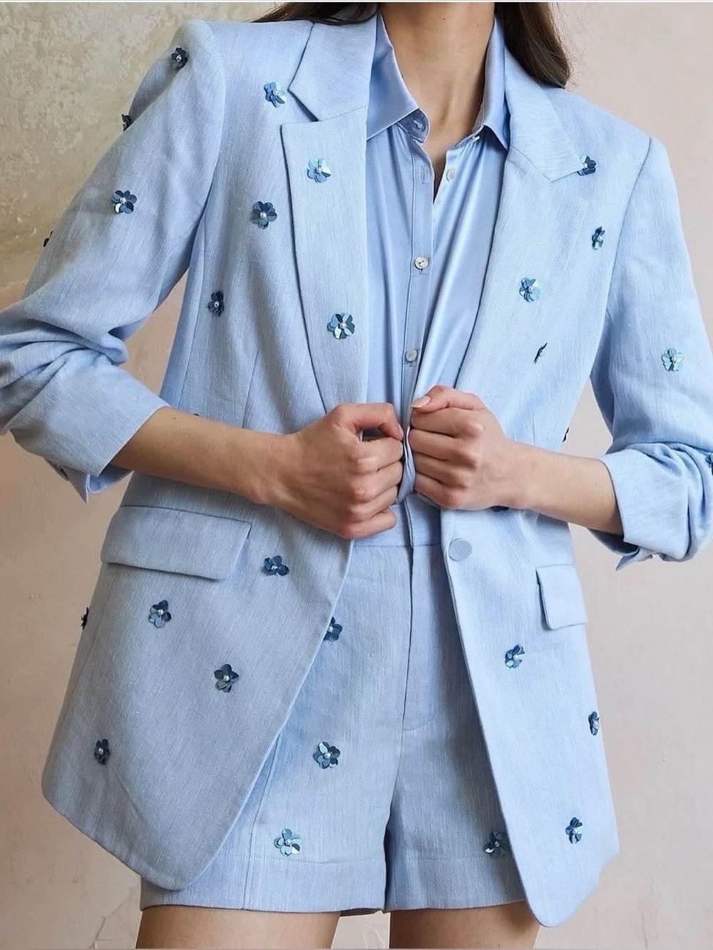 Cinq à Sept Kylie Floral Appliqué Blue Linen & Cotton Blazer 6